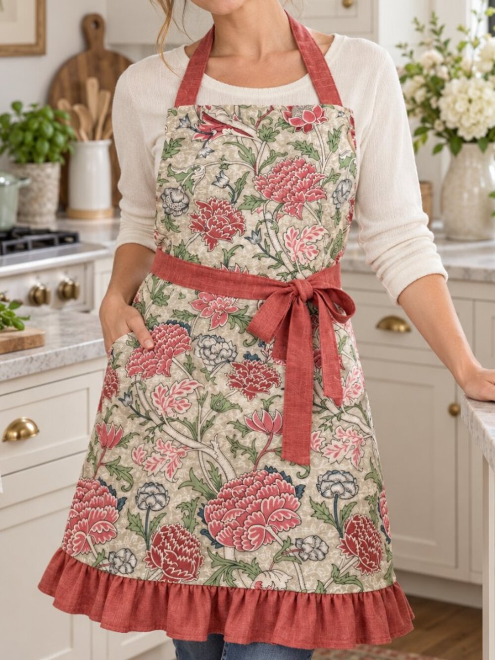 Morris & Co Chrysanthemum Kitchen Apron Cotton Multicolor Ruffle Bottom